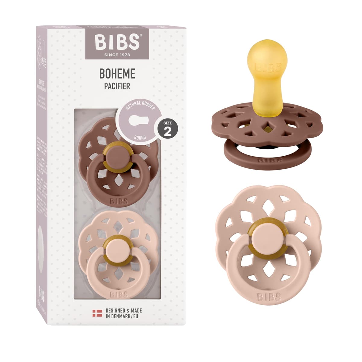 BIBS Boheme Soother 2-Pack. BPA Free. Round Nipple. Natural Rubber Latex, Made in Denmark. Size 2 (6-18 Months), Blossom/Dusky Lilac — view 23