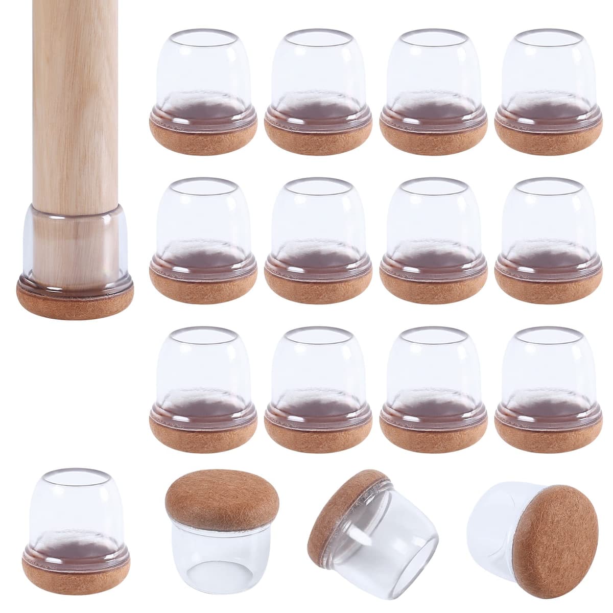 Ezprotekt Protectores de Suelo Transparentes para Patas de Silla 20-28mm, 16 Tapones de Silicona con Fieltro Envuelto, Fundas de Silicona Redondo