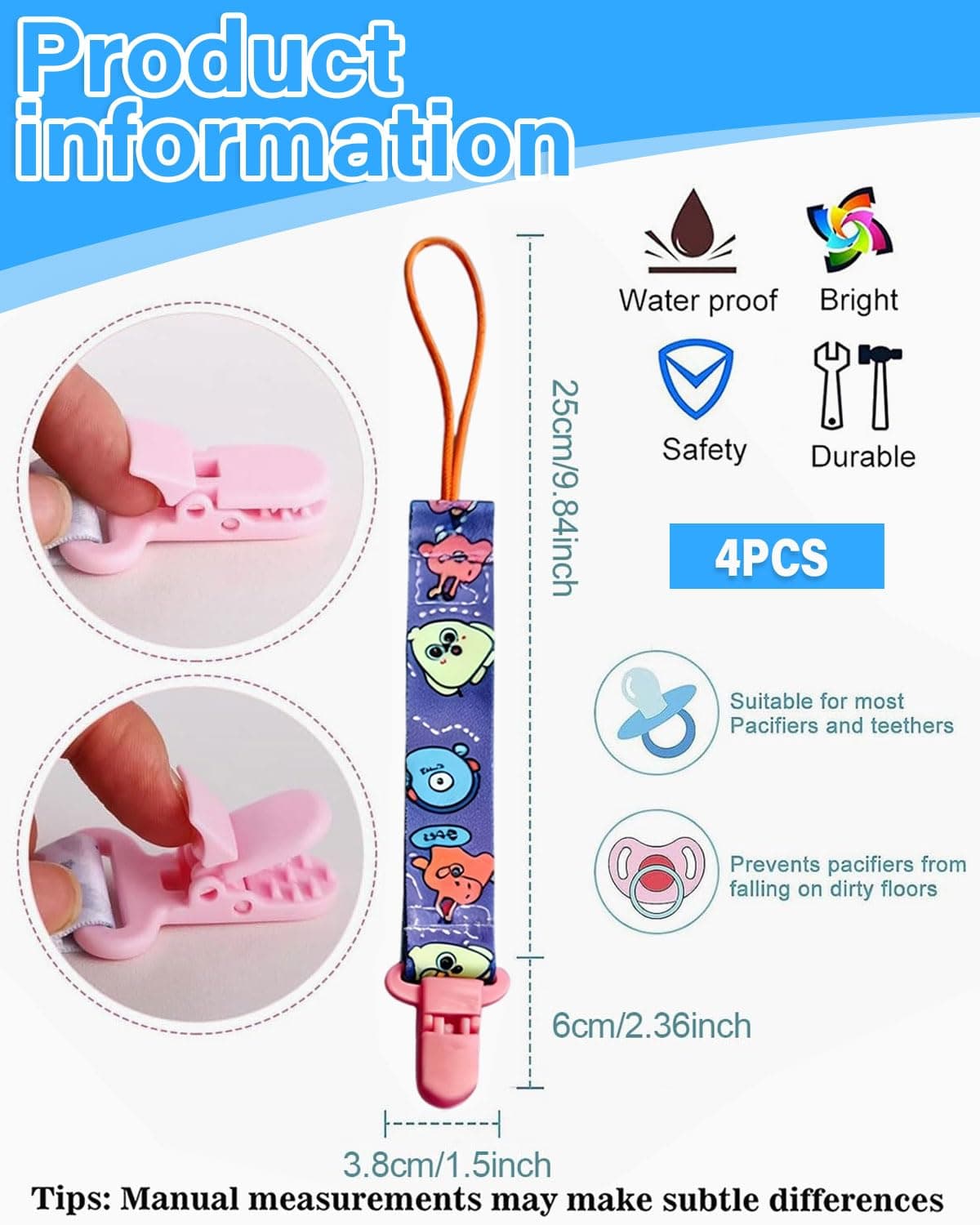 LEEQBCR 4 Pcs Chupetero de clip para Bebé,Ajustable Cadena para Chupete Bebe,Cadena de Chupetes para niños y niñas,Diseño de Una Pieza,Sin BPA,Protege a tu bebe — view 2