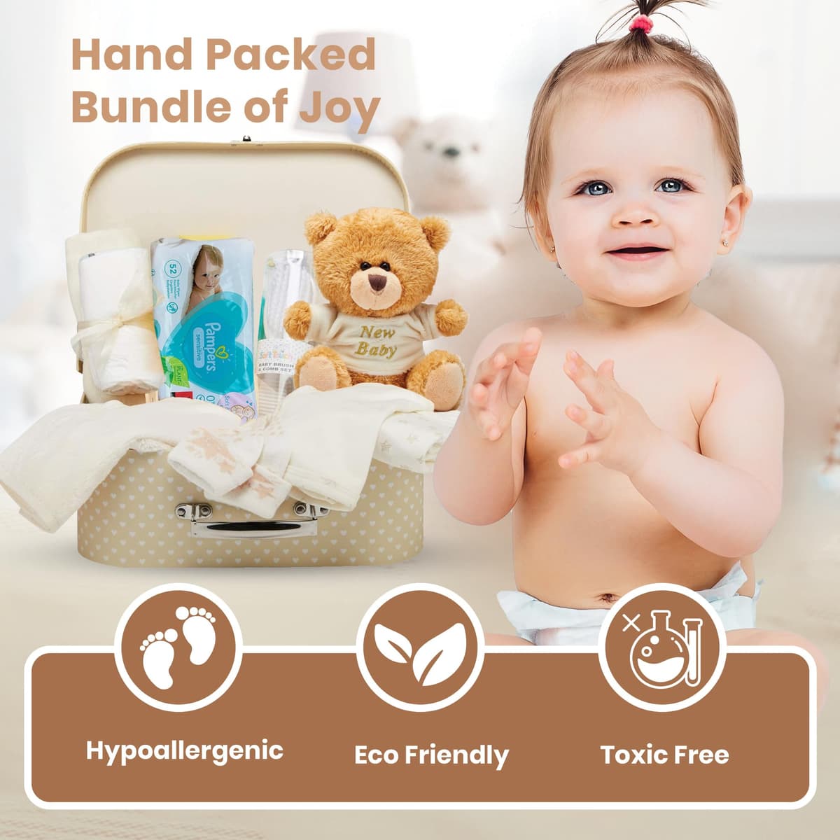 Newborn Baby Basket Briefcase Style - Cream Baby Keepsake Box with Bear, Muslin, Clothes and Other Baby Essentials - Baby Basket for Baby Shower — view 3