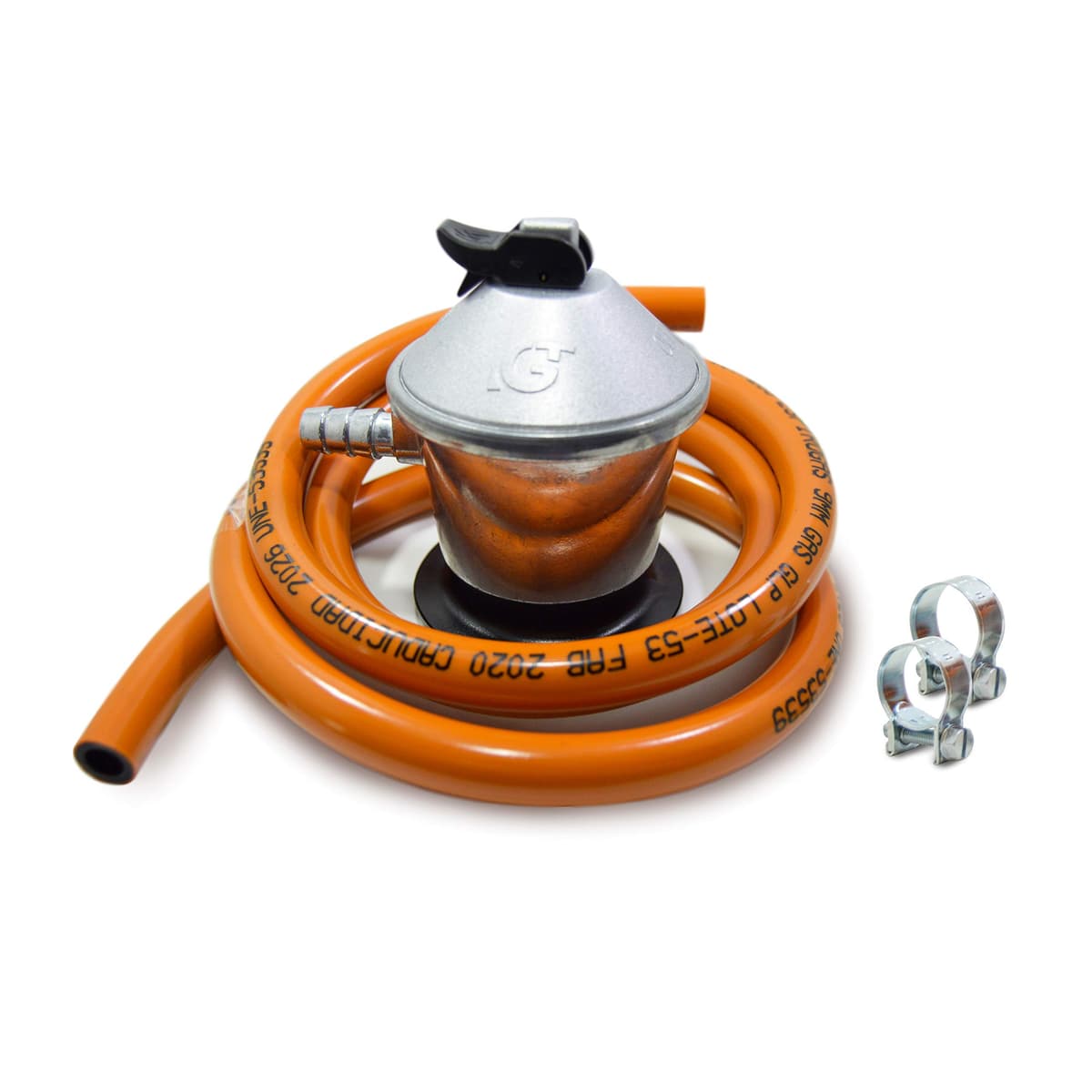 S&M 321771 - Kit completo butano: Regulador de gas butano + Tubo Goma 1,5 metros + 2 abrazaderas de seguridad | Homologado para España | Apto para cocinas, estufas, calderas y barbacoas