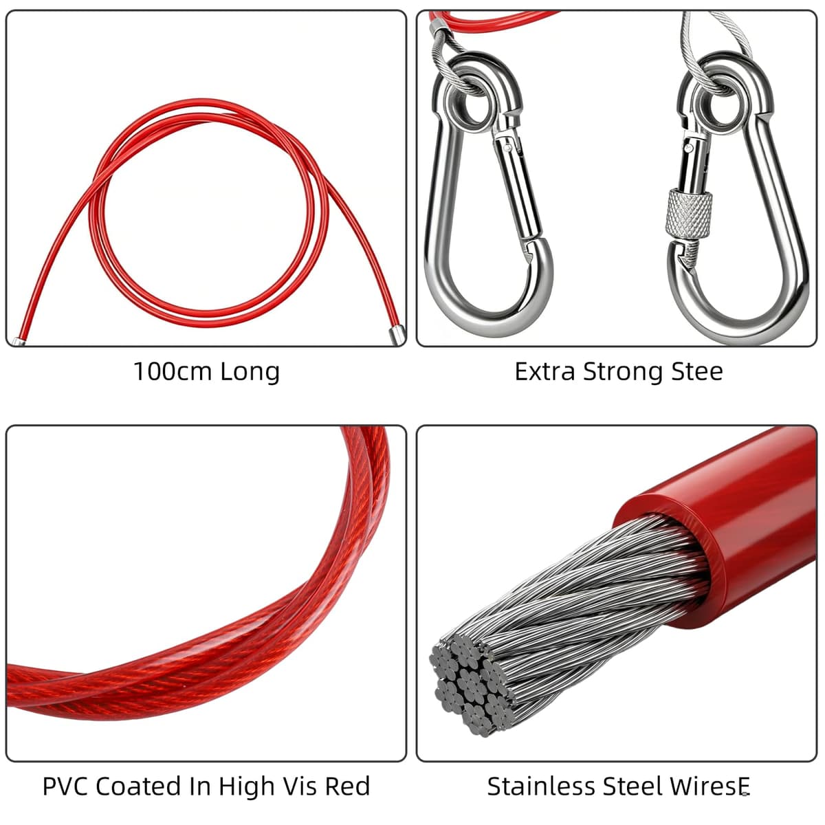 Breakaway Cable - 1m x 4mm Trailer Caravan Break Away Cable with 2 Carabiners, Easy Quick Fit Breakaway Cable Carbine Threaded Hook Towing Caravan Trailer for Breakaway Brake Safety Handbrake — view 3