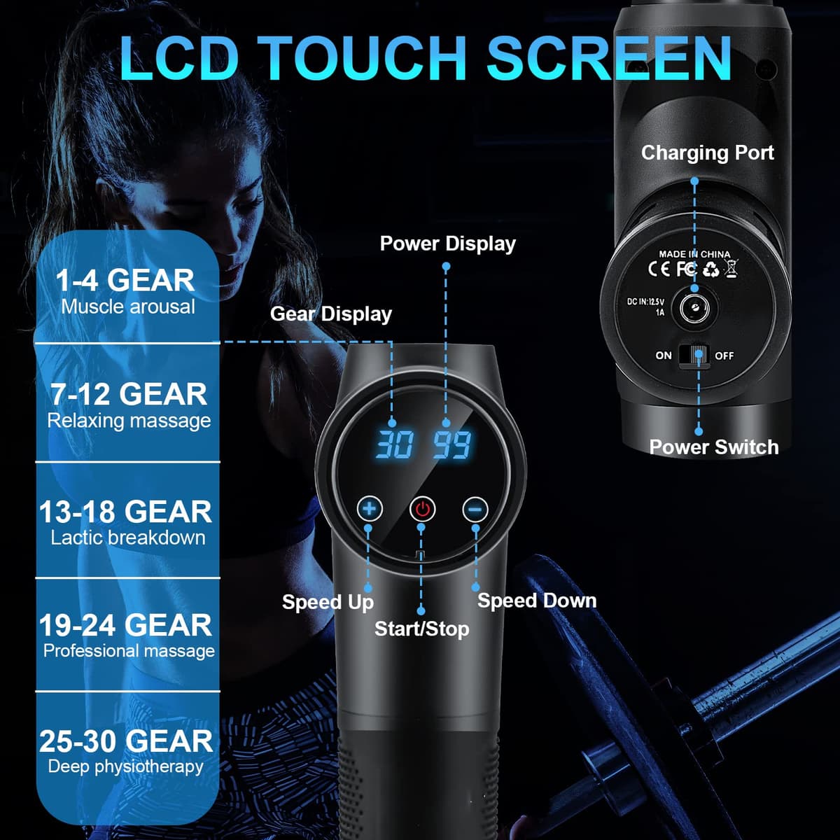 Pistola de Masaje Muscular, Masajeador Profesional con 30 Velocidades para Masaje Profundo, Pantalla Táctil LCD y 10 Cabezales para Espalda, Hombros, Piernas, Regalo para Hombre y Mujer (Negro) — view 3