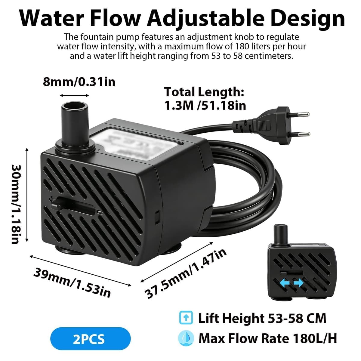 2 Piezas Mini Bomba de Agua Sumergible 3W 180L/H, Bomba Acuario Ultrasilenciosa con Caudal Ajustable y Ventosas, Motor para Fuente de Agua Gatos, Peceras, Estanques y Jardín — view 2