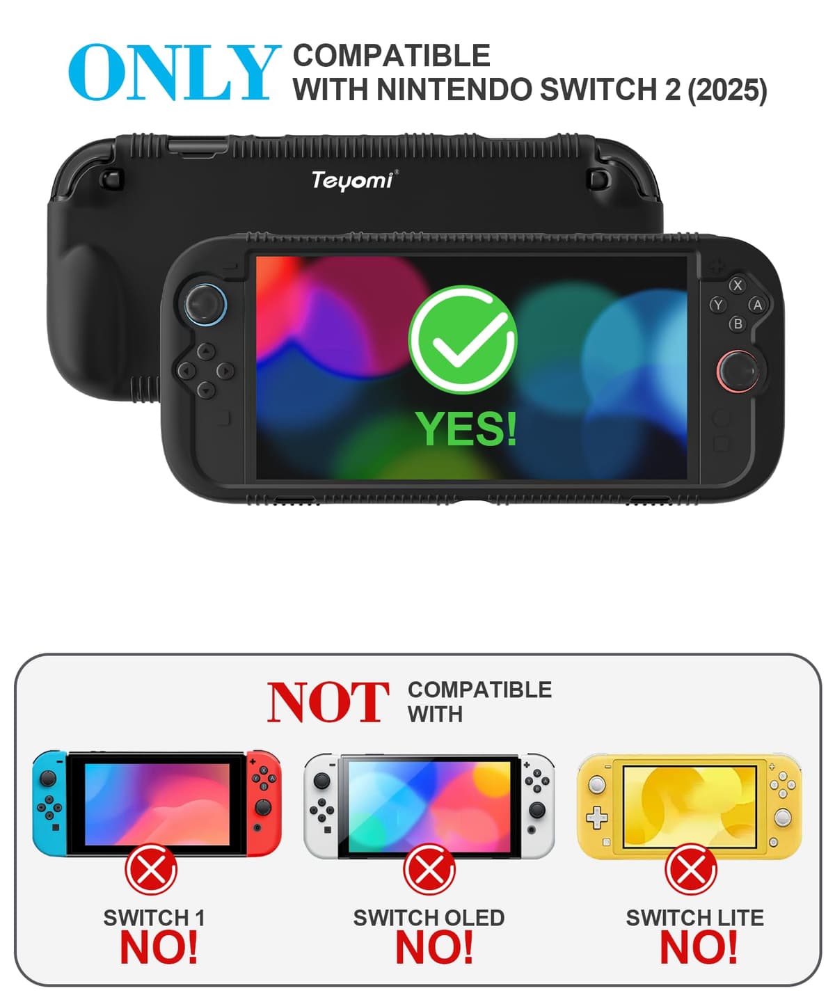 Teyomi Funda protectora de silicona compatible con Nintendo Switch 2, Carcasa para Nintendo Switch 2 con protector de pantalla de vidrio templado, Estuche con agarre ergonómico (Negro) — view 2