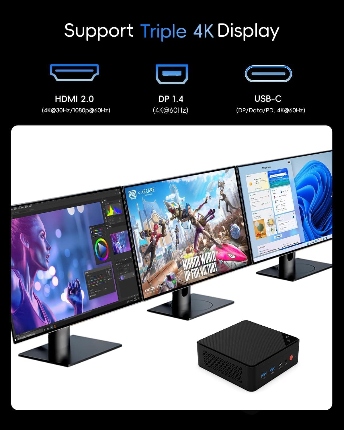 Mini PC, 1 Year Office 365, Intel Pentium Gold 6500Y (up to 3.4GHz), 16GB RAM 256GB SSD, Windows 11 Desktop Computers for Home Office Business Students, Triple 4K Display via USB-C/HDMI/DP, WiFi, BT — view 5