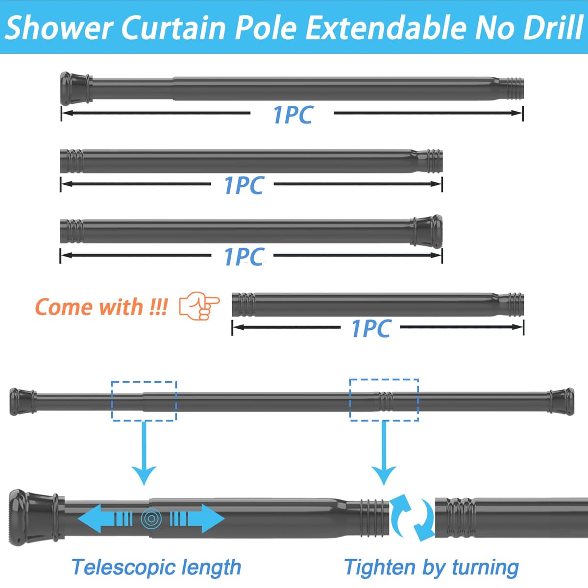 1PC Tension Rod No Drill Shower Curtain Pole Extendable Curtain Poles Shower Curtain Rail for Bathroom, Window, Door, Wardrobe, 83-160CM/32.68-62.99Inch(Diameter:25mm) Black — view 3