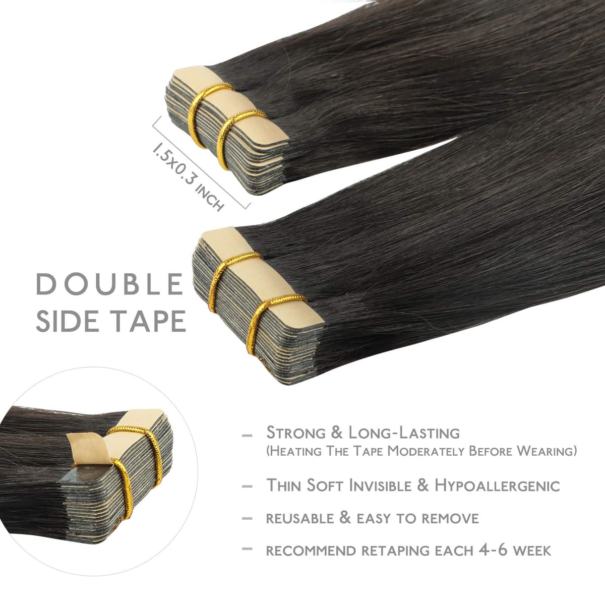 WENNALIFE Tape in Hair Extensions Human Hair, 20inch 20pcs 50g, Natural Black Real Human Hair Extensions, Tape Hair Extensions Silky Straight Skin Weft — view 3