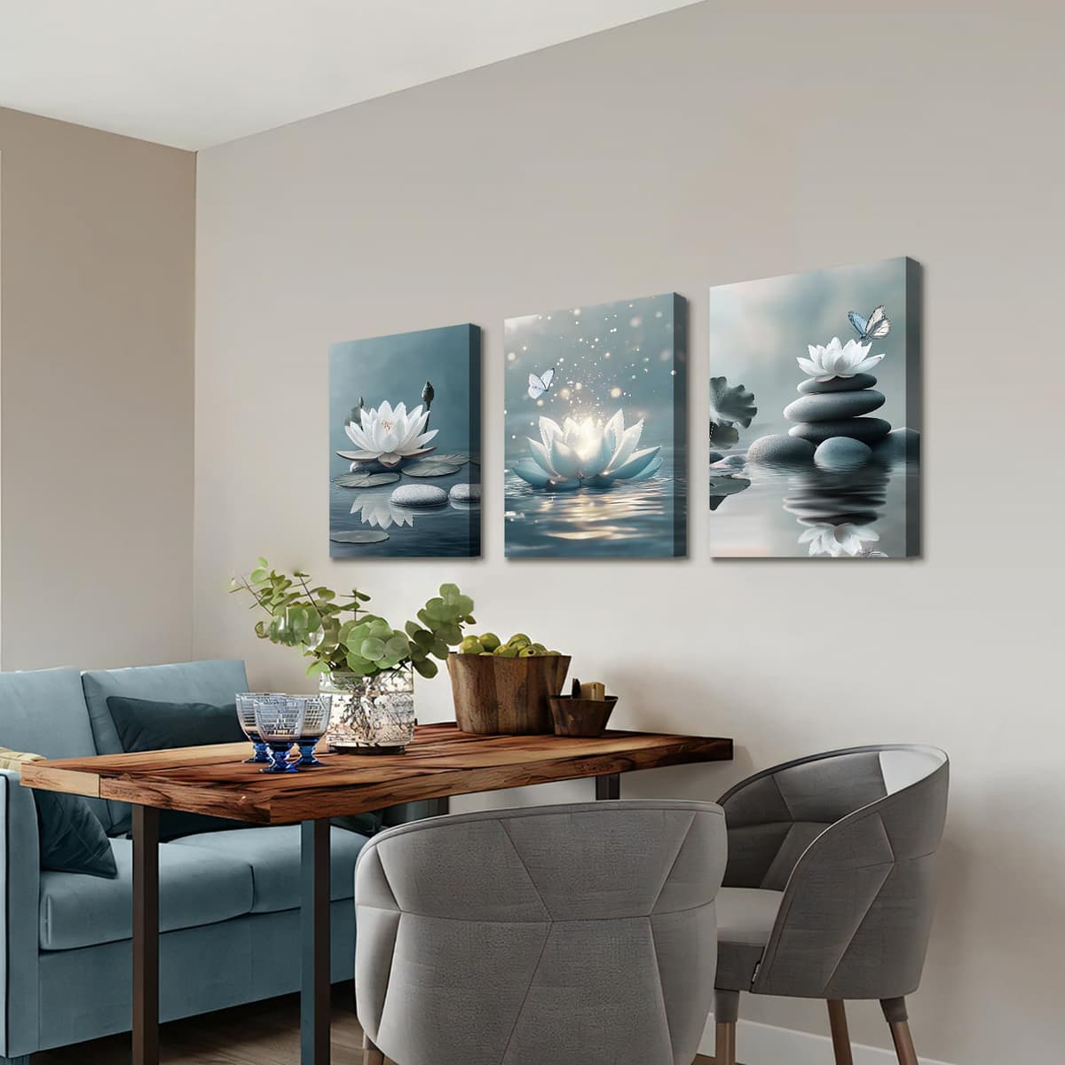 3Pcs Blue Grey Zen Canvas Wall Art, White Lotus Flowers Butterfly Meditation Spiritual Wall Paintings White Lotus Blooming on Stones in Lake Wall Pictures Room Decor for Yoga Spa Room Decor 30x40cmx3 — view 5