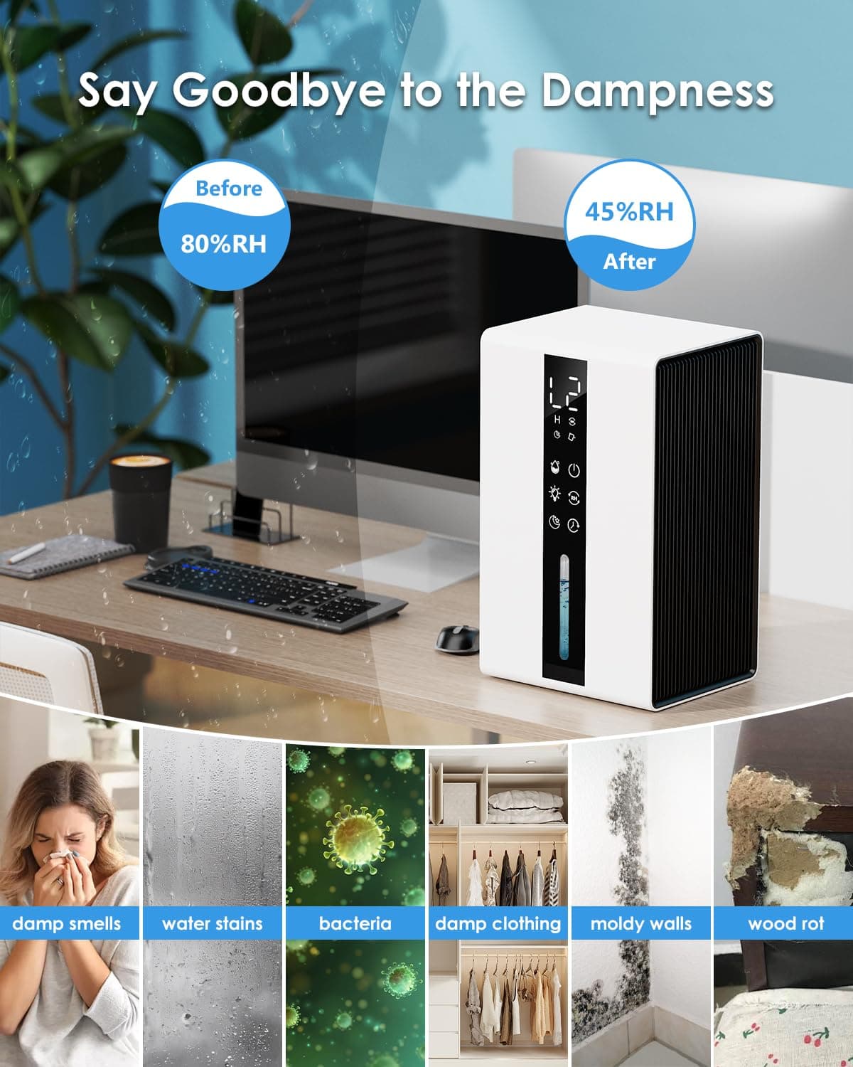 Deshumidificador Bajo Consumo con Tanque de 1.8L, Deshumidificador Electrico Doble Velocidad y Dos Modos, Anticongelante & Apagado por Seguridad, Temporizador y Luz RGB - Ideal para Dormitorios, Baños — view 2