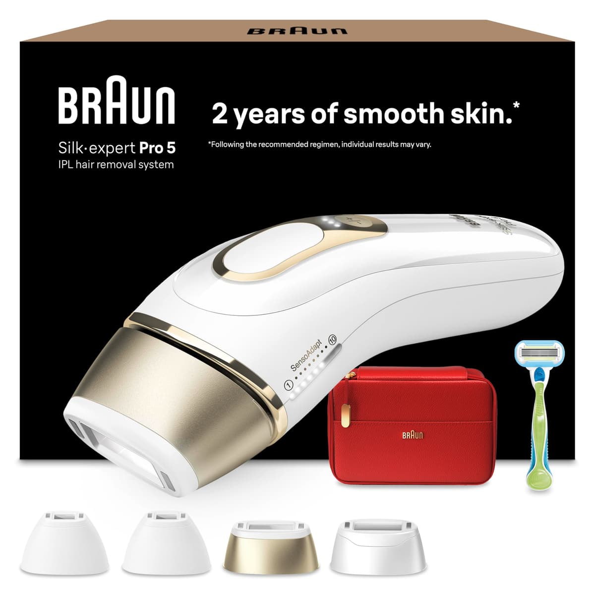 Braun Luz Pulsada Silk·expert Pro 5, PL5382, Blanca/Dorada - Alternativa a Depiladora Laser, Eliminación del Vello en Casa, Depiladora IPL con Funda, Maquinilla Venus, 4 Cabezales para Cara Y Cuerpo