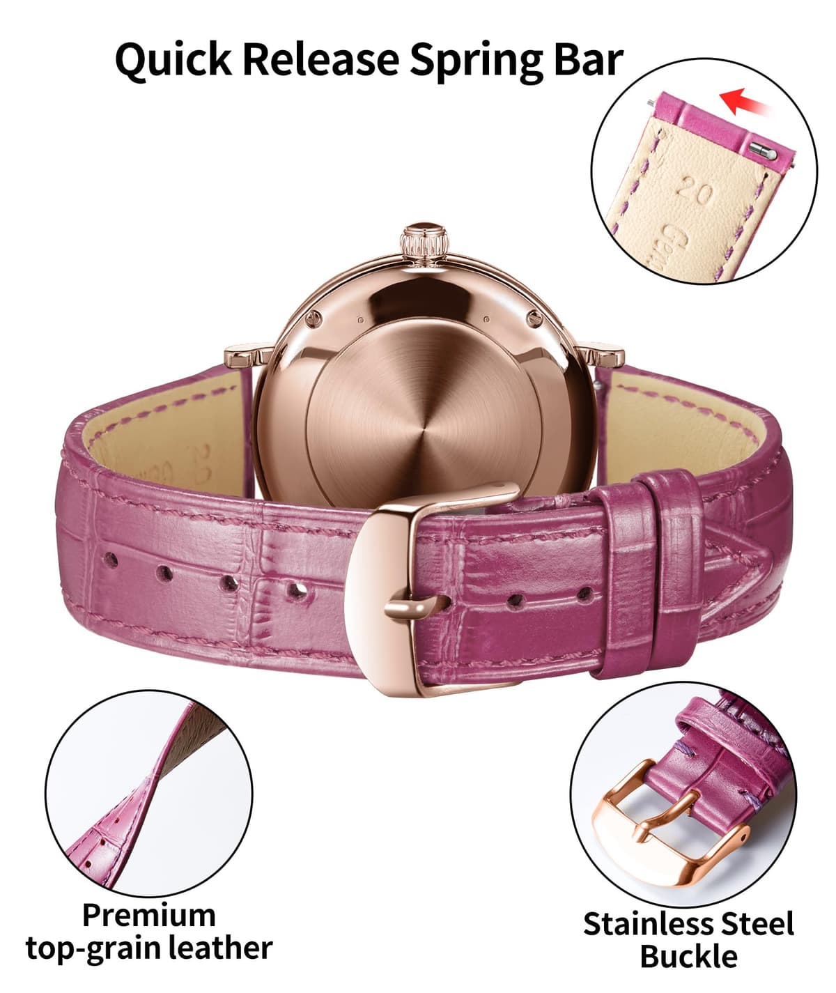 BINLUN Quick Release Leather Watch Straps Replacement Watch Bands Smart Watch Strap Crocodile Pattern in 10 Colors 13 Sizes with Silver/Gold/Rose-Gold Buckle for Men Women(10mm-24mm) — view 105