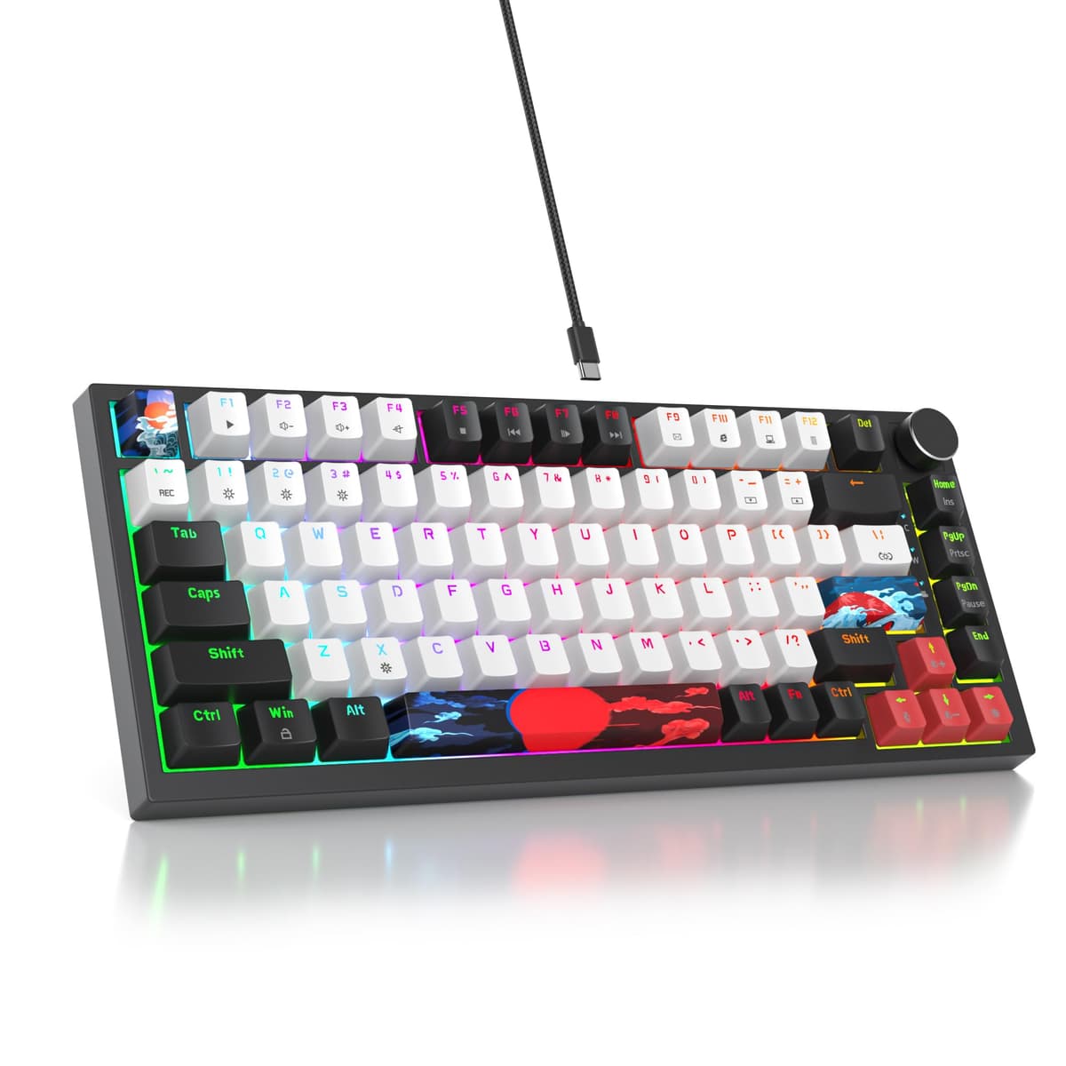 Solidee - Teclado mecánico con cable 75% intercambiable a caliente,Teclado retroiluminado RGB con interruptor rojo,TKL 82 teclas,Teclado compacto NKRO con botón de control de volumen (82 Black_White) — view 3