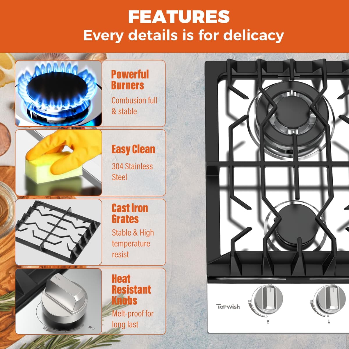 TOPWISH 12 Inch Gas Cooktop, 2 Burner Gas Stove Built-in Propane Stove Top with LPG/NG Convertible Dual Fuel Hob 18000BTU, Stainless Steel Stovetop Thermocouple Protect for Kitchen, Apartments, Rvs — view 3