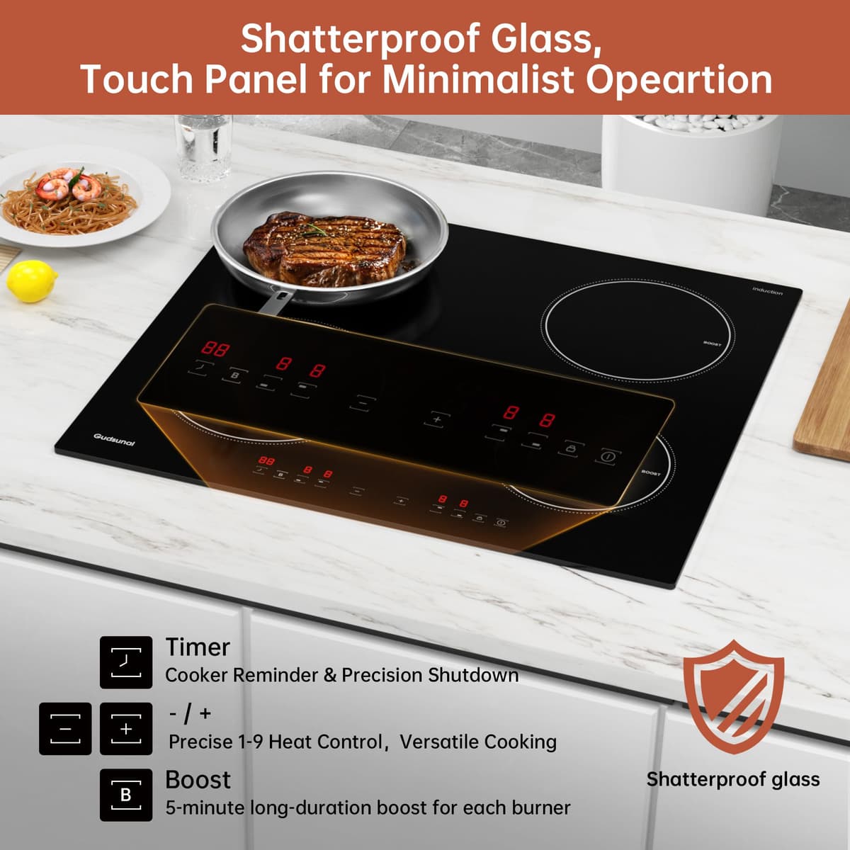 Induction Hob, 4 Cooking Zone, 60 cm, 7200W, Continuous Low Power Heating, Booster, 9 Heat Levels, Timer, Auto Shut-Off, Child Safety Lock, Pan Sensor,Hard Wired, No Plug — view 5