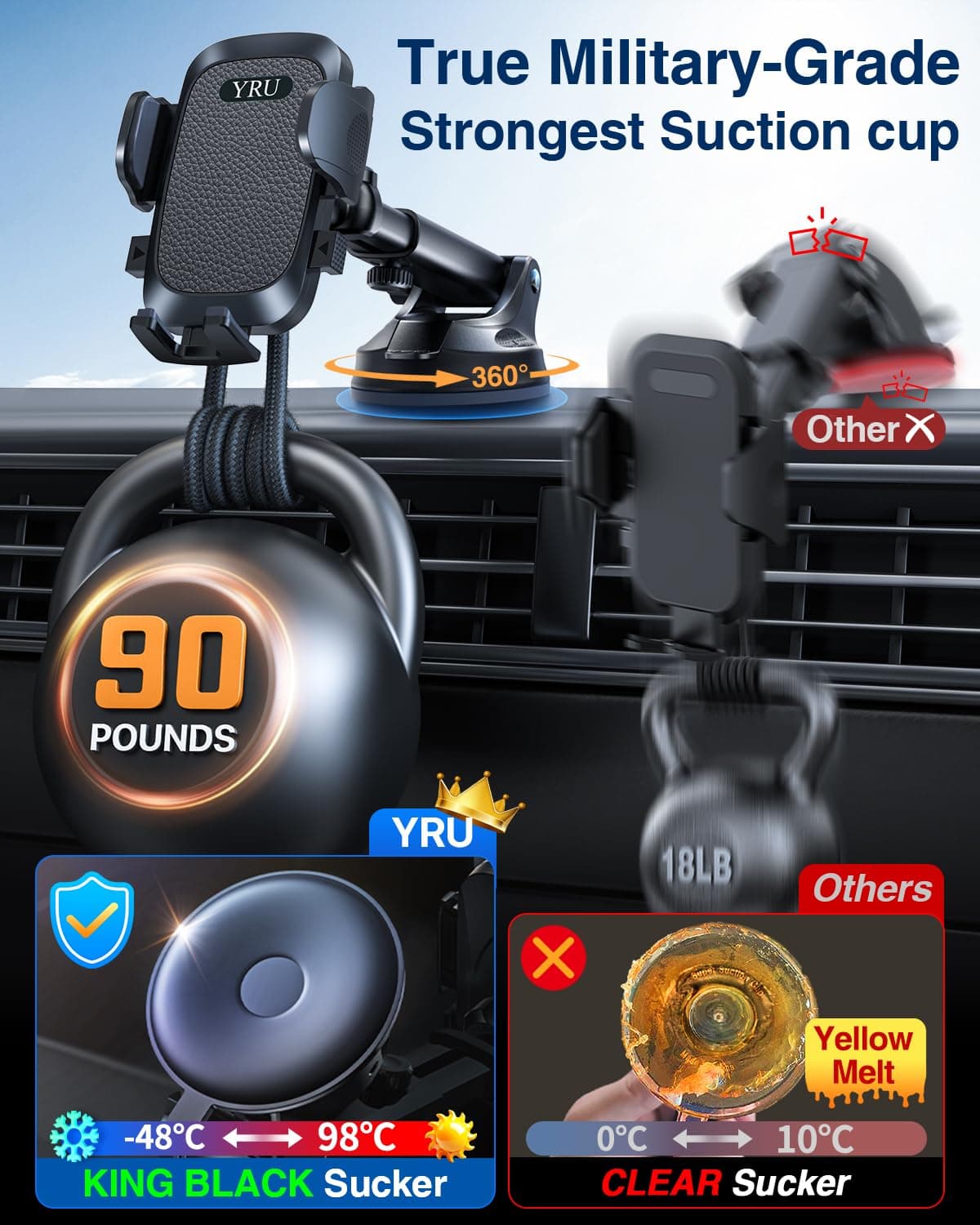 YRU [True Military-Grade & 360° Rotatable Suction 2026 Ultimate Car Phone Holder Mount【90+LBS Safest Strongest & Patent Certs】 Dashboard Windscreen Vent for iPhone 17 16 Pro Max Samsung, Pure Black — view 2