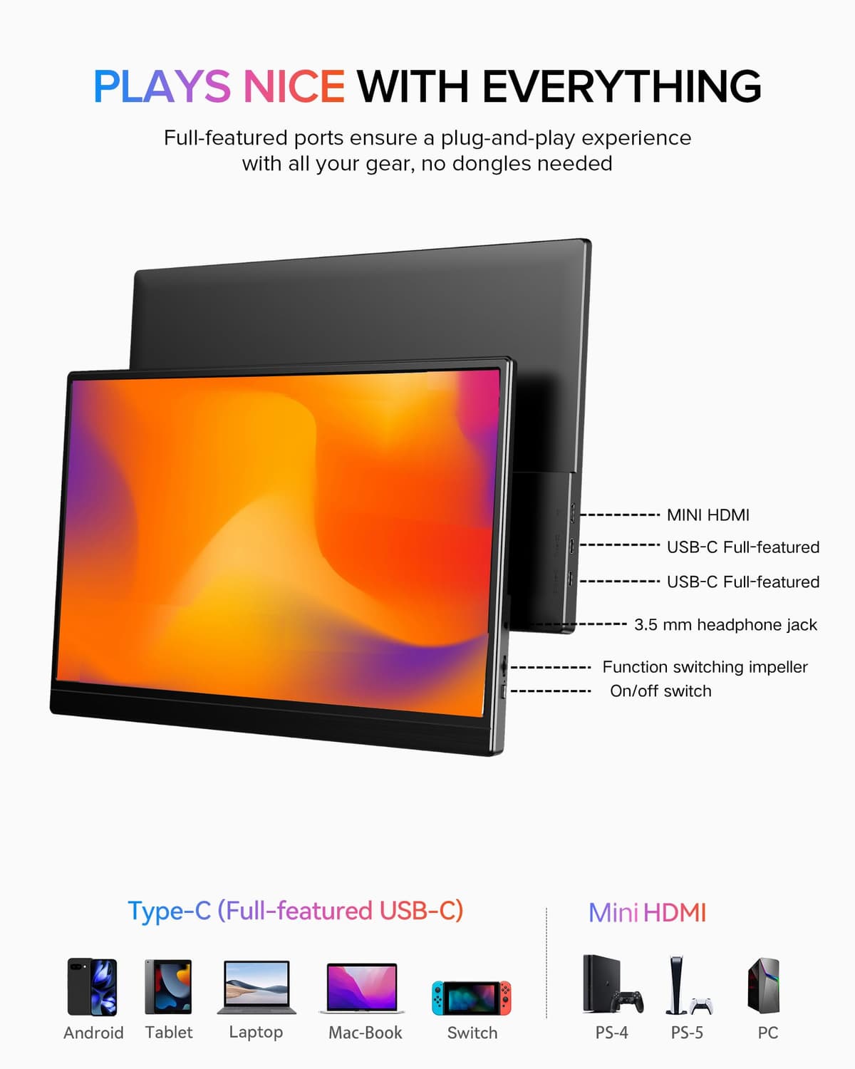 EVICIV Portable Monitor 15.6" 1080P, 125% sRGB 3000:1 FHD 350Nit 16:9 Travel Second Screen w/VESA, Eyc Care USB-C Mini HDMI External Display for Laptop/PC/Phone/Tablet, Compatible with PS5/Xbox/Switch — view 5