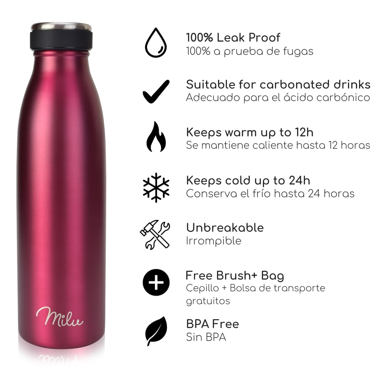 Milu Botella de acero inoxidable de 350ml 500ml 750 ml 1 L 1,5 L botella de agua aislada, termo a prueba de fugas, doble pared, apta para ácido carbónico + cepillo de limpieza (Azul Violeta, 350ml) — view 157