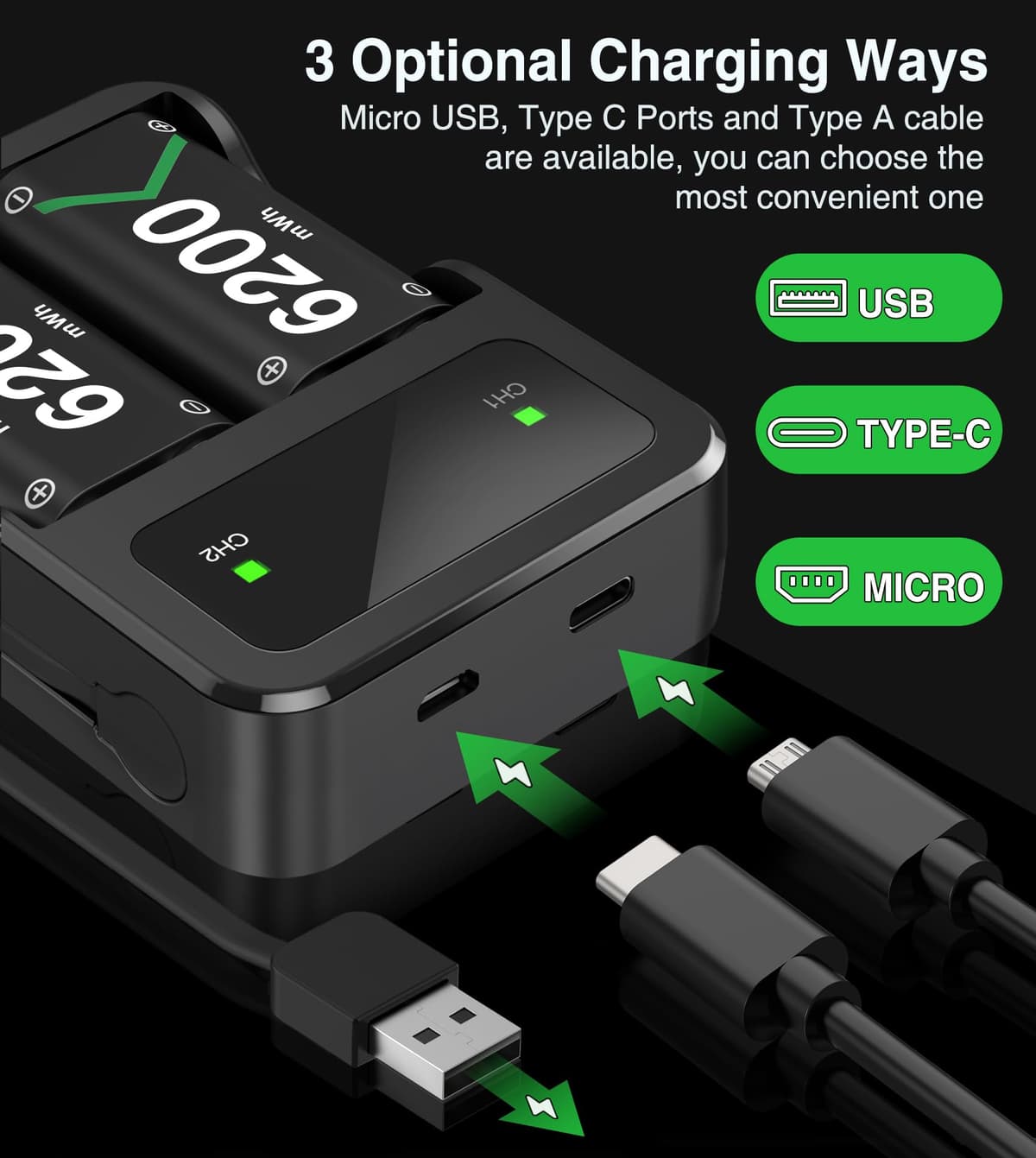 HEYLICOOL Rechargeable Battery Pack for Xbox One/Series X|S,2x6200mWh Xbox Controller Battery Pack for Series X|S/S/X/Elite Controller-Q08 — view 5