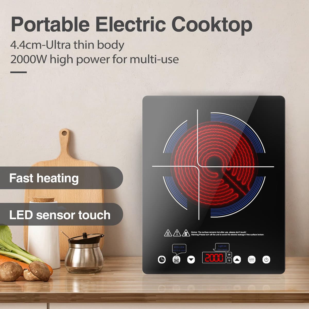 VBGK Portable Ceramic Hob 2000W, Pulg in Electric Ceramic Hob, Single Electric Hob with 4-Hour Timer, 10 Power Levels, Safety Lock & Sensor Touch, Residual heat Remind, 220V-240V — view 4