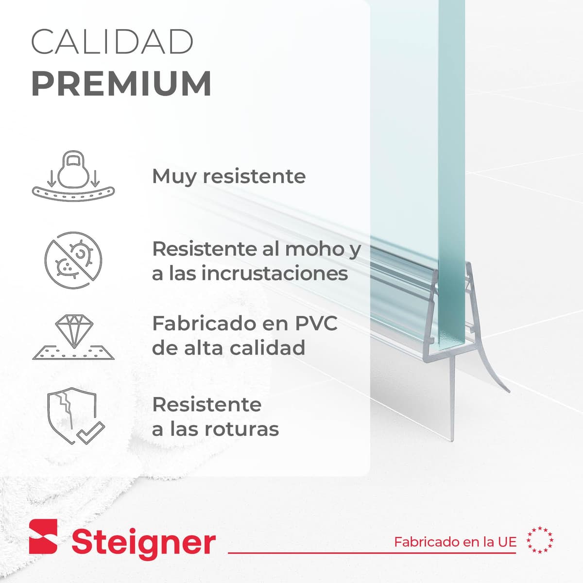 STEIGNER Junta mampara ducha UK13 90 cm (1 ud.) transparente - Junta vertical para ducha angular o pentagonal con puerta 3,5-5 mm - Protección contra fugas, Ajuste perfecto, Fácil instalación — view 4