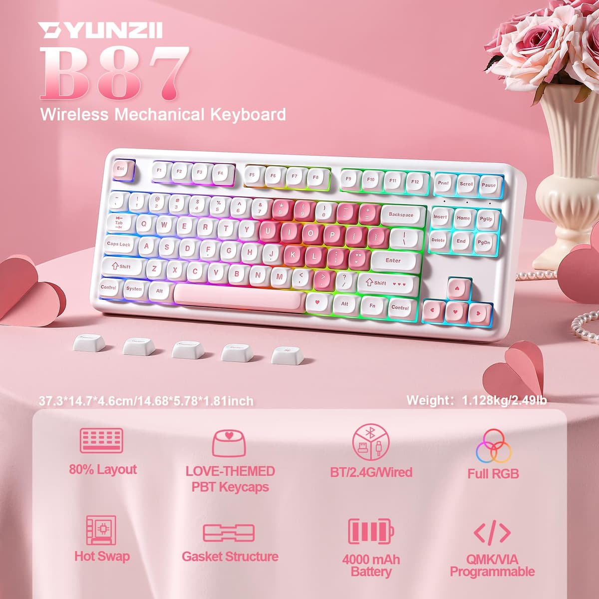 YUNZII B87 Wireless Mechanical Keyboard,QMK/VIA Software Custom Gaming,Gasket RGB Keyboard with Cute MOA Keycaps,Wrist Rest,BT5.0/2.4G/USB-C NKRO for Win/Mac (white heart, milk v2 linear) — view 2