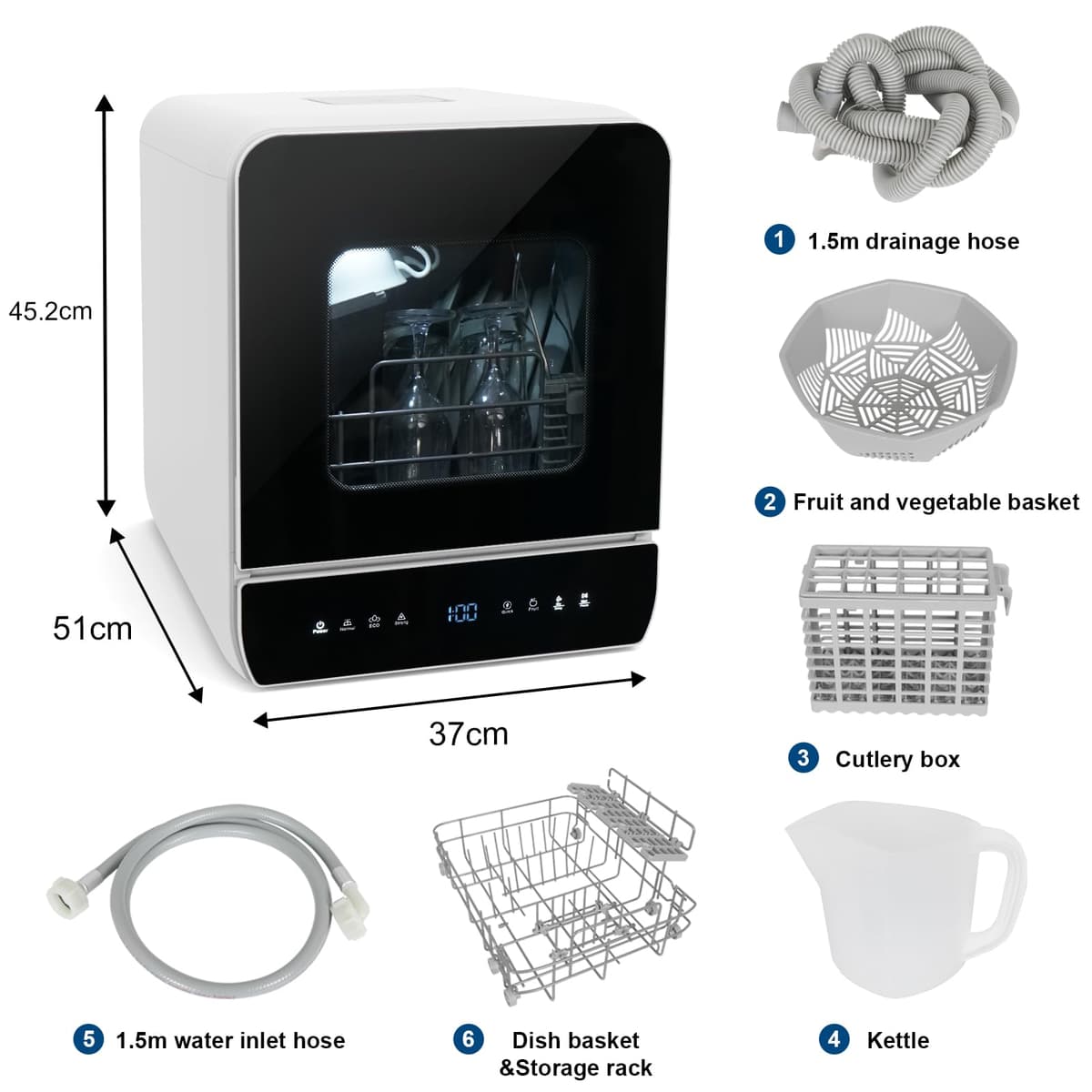 eklipt Portable Countertop Dishwasher, Mini Dishwasher, 4.8L Built-in Water Tank, 7 Programmes, 37 * 51cm Ultra-Narrow & Deep Design, Touch Control & 360° Dual Spray, Hose/No-Hose Setup, Black — view 3