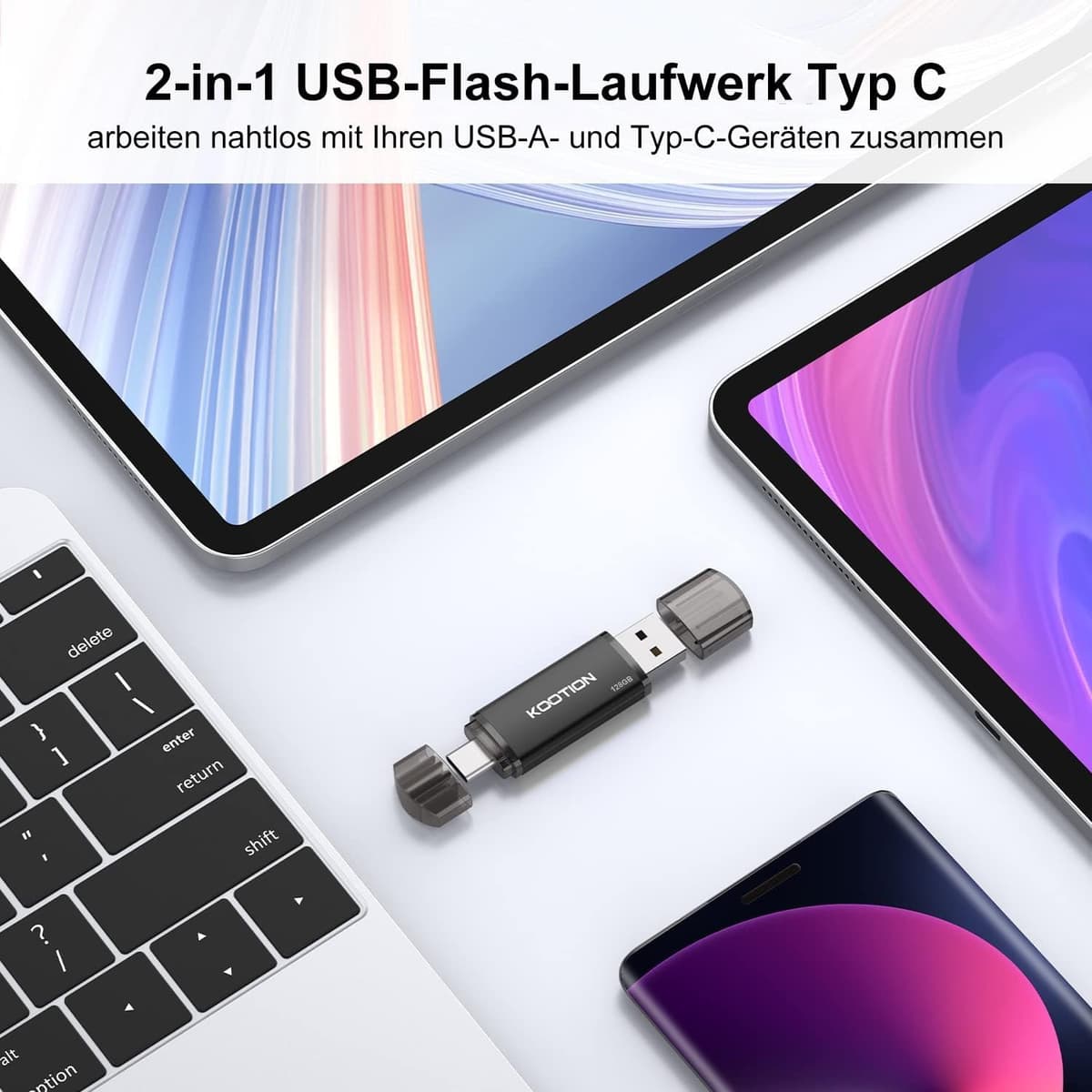 KOOTION Memoria USB 128G, 2 en 1 OTG Pendrive Tipo C 128GB Ligero Pequeño y Práctico Pendrive USB C Dual Interface Duradero USB Flash Drive para Ordenador/TV/Coche/Player, ect (Negro) — view 3