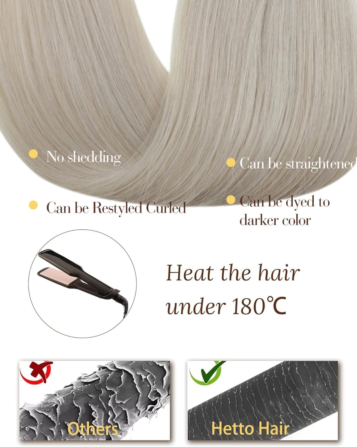 Hetto Weft Hair Extensions Real Human Hair Platinum Blonde 18 Inch 100g - Human Hair Weft Extensions for Professional Hair Thickening, Salon Sew in Hair Extensions for Party Use #60 — view 5