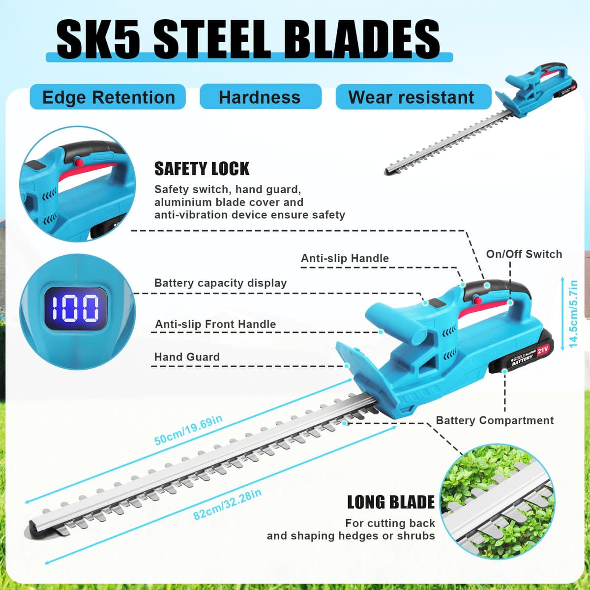 Hedge Trimmer Cordless,52cm Laser-Cut Diamond Hedge Cutter with 21v Battery & 2 Batteries,Lightweight Hedge Trimmer Cordless 2kg,2400 Cuts/Min,45° Adjustable,Safety Lock,Anti-Vibration for Gardeners — view 3