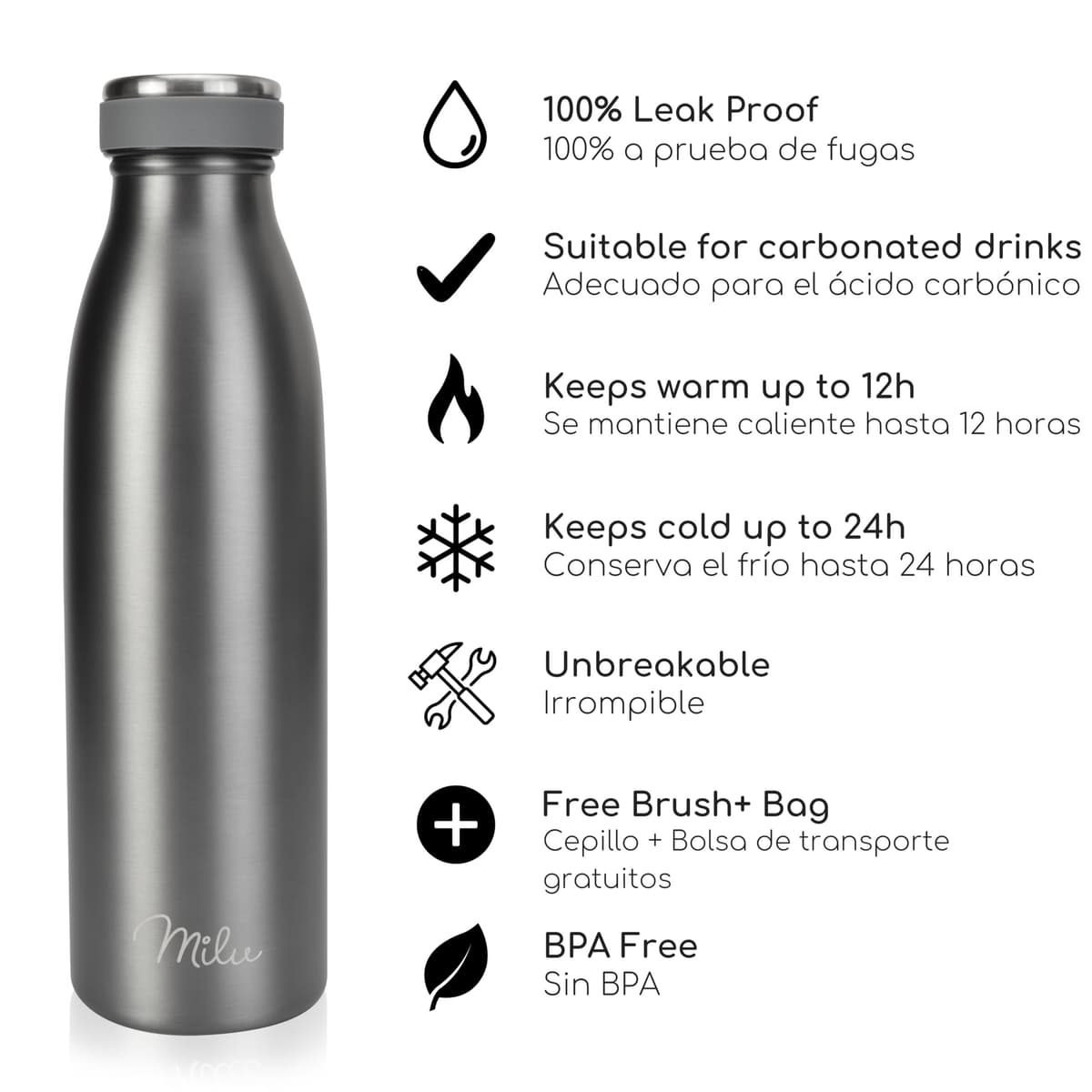 Milu Botella de acero inoxidable de 350ml 500ml 750 ml 1 L 1,5 L botella de agua aislada, termo a prueba de fugas, doble pared, apta para ácido carbónico + cepillo de limpieza (Azul Violeta, 350ml) — view 233