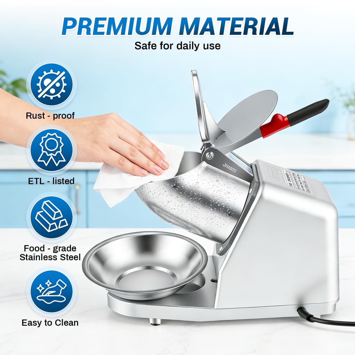 Picadora de Hielo Eléctrica Capacidad de 85 kg/h, Máquina de Hielo Picado con 2 Cuchillas, en Acero Inoxidable, 2200 RPM, para bebidas frías, batidos, para Bares, Restaurantes, Supermercados, Plateado — view 4