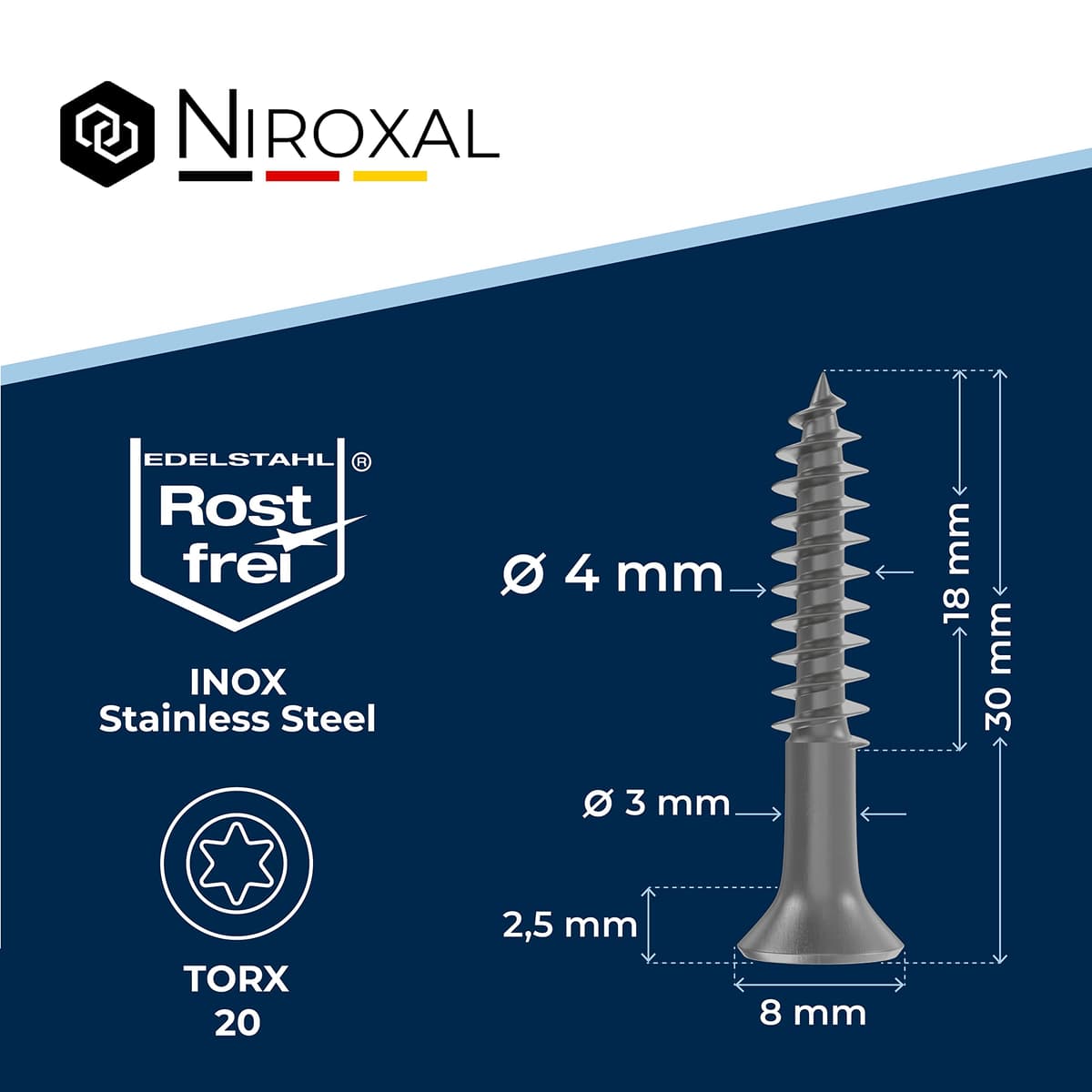 Tornillo de cabeza avellanada TORX de acero inoxidable fabricado en V2A 4-mm de espesor 30-mm de longitud del tornillo 100 piezas Rosca parcial de 18-mm Tornillo para madera 4x30 — view 2