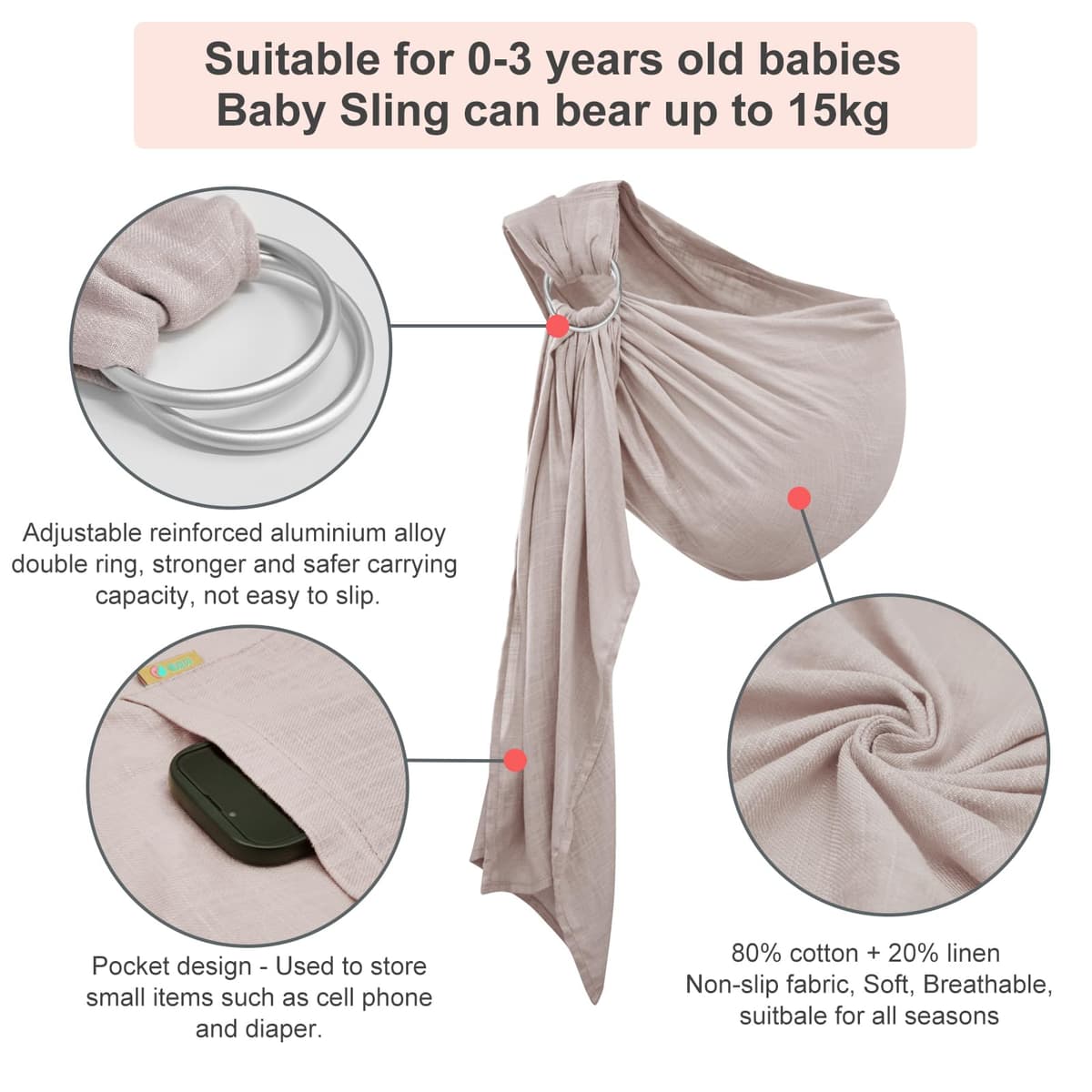 vrbabies Baby Sling Carrier for Newborn to Toddlers, Adjustable Breathable Muslin Double Ring Sling Wraps, Sling Holder Carrier Scarf, Ideal Baby Gift for New Parents (Grey) — view 2