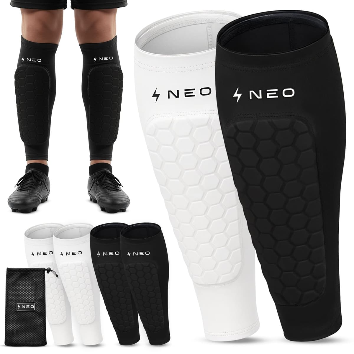NeoDynamic - 2 Pares Espinilleras Futbol Niño Premium | Protección de Pantorrilla para Adultos y niños | Bolsa De Regalo | Transpirable y Antigolpes | Ideales para Fútbol, Baloncesto, Ciclismo