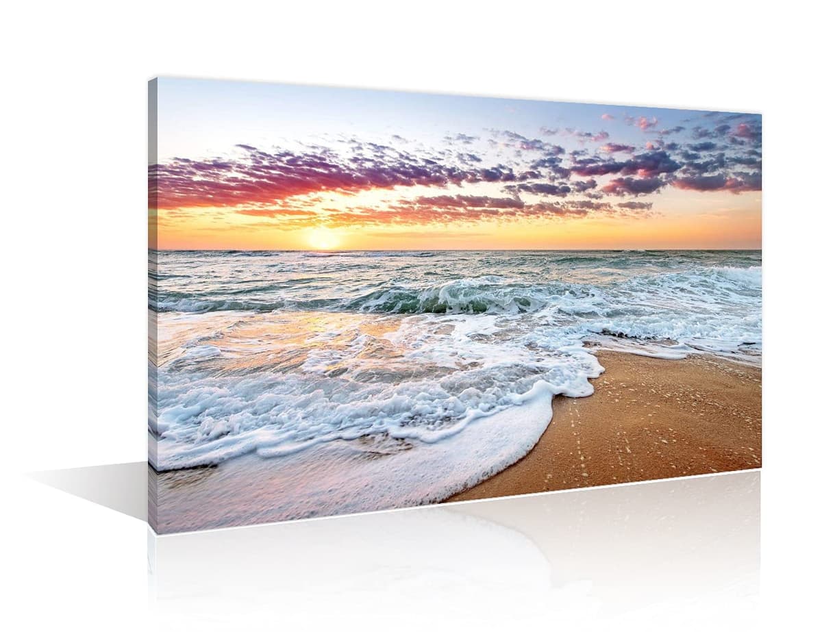 TISHIRON Wall Art Sandy Beach Sunrise Pictures Painting on Canvas Wall Art Modern Framed Seaside Canvas Prints Ready To Hang(24X16in) — view 15