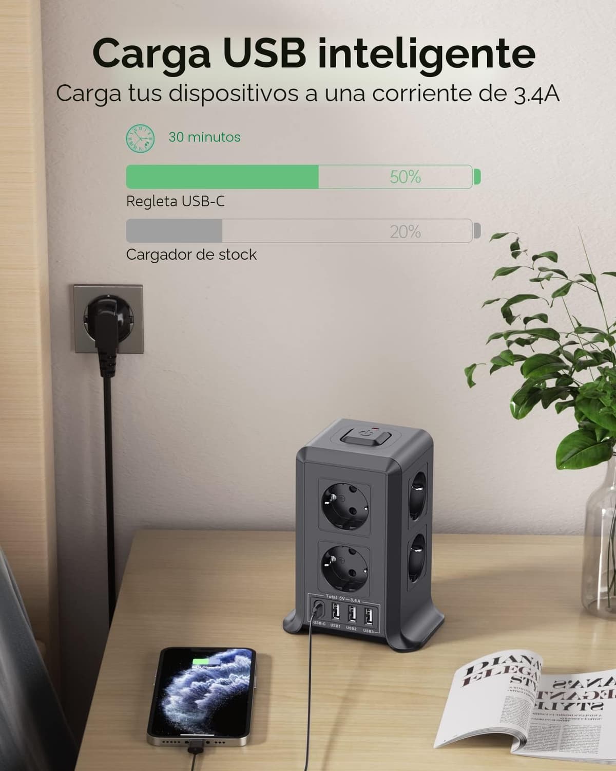 Torre Regletas Enchufes, Regleta USB 8 Tomas de AC y 4 USB Enchufe Multiple, 2500W/10A,Regleta Enchufes Proteccion Sobretension, 2M Regreltas Vertical con Interruptor para Mesa, Oficia, Casa, Negro — view 3