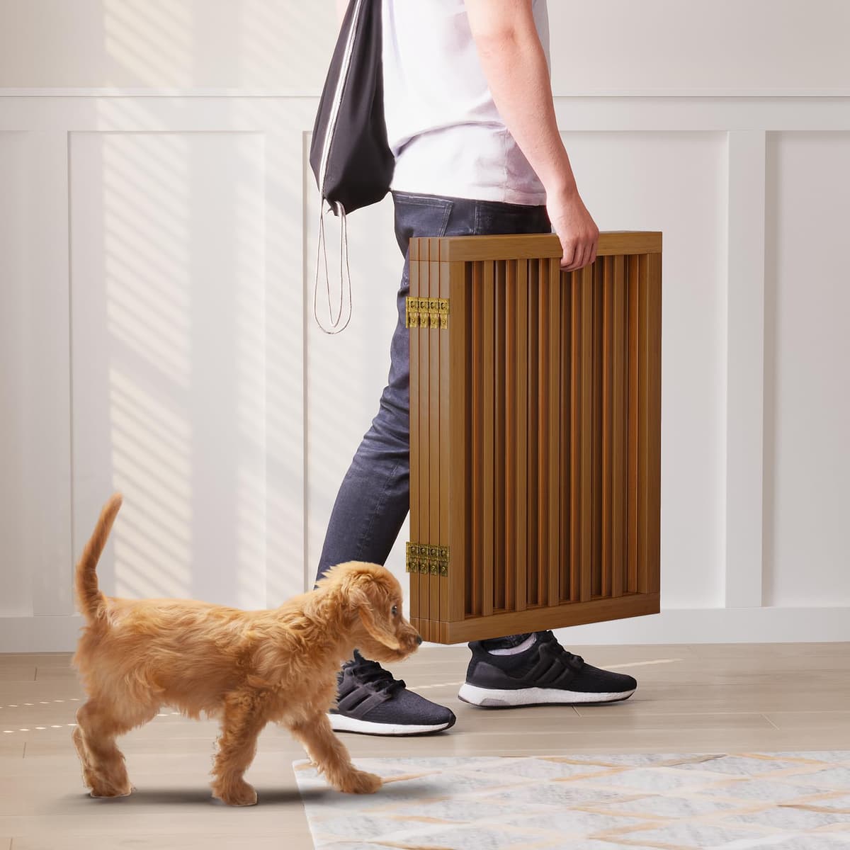 Semiocthome Freestanding Dog Gates and Barriers Indoor Pet Gates for Doorways and Stairs 60cm (H) - 4 Panels Puppy Gate with 2 Metals Stands Adjustable Safety Fence Fit Up to 188cm - Walnut — view 3