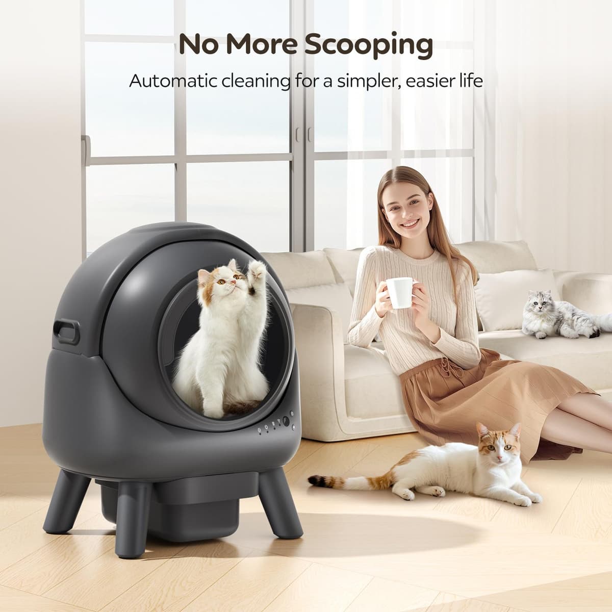 Self-Cleaning Litter Box for Multiple Cats, Smart App-Controlled with Health Monitoring, 15-Day Odor-Free Capacity, Safe for Cats up to 18 lbs, B-Grey — view 5
