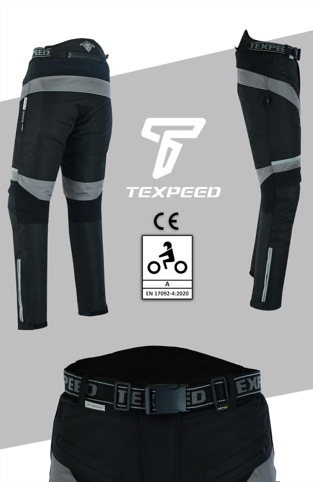 Texpeed Motorcycle Biker Trousers Mens Motorbike Waterproof Textile Cordura Pants With Protective CE Armour (EN 1621-1) Grey - 34W / 30L — view 7