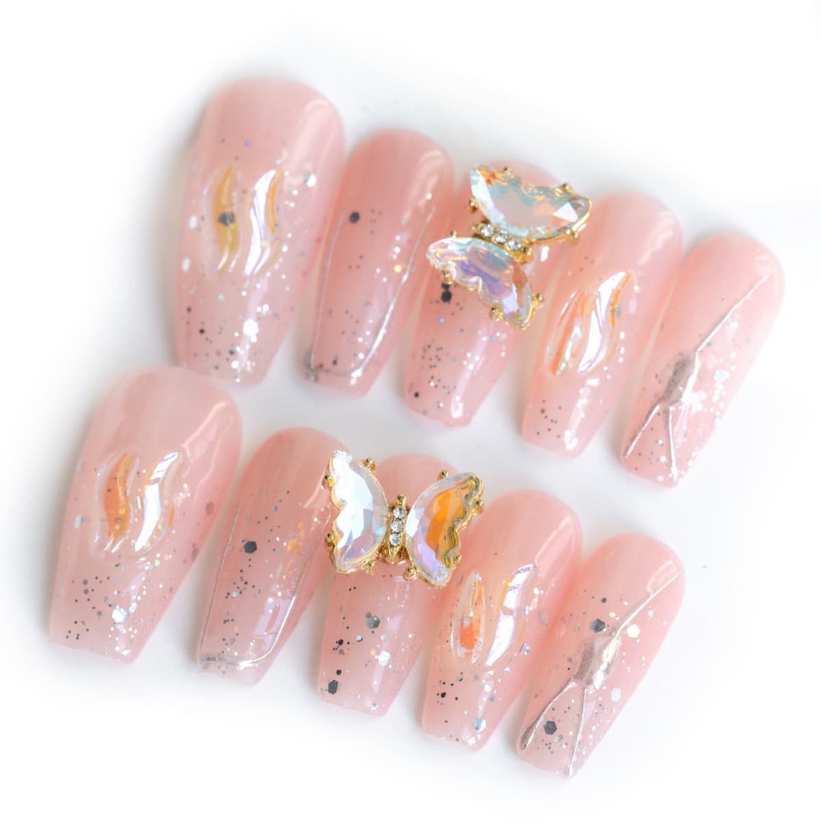 Sun&Beam Nails Handmade Press On Nail Long Coffin Ballerina Pink Flower Acrylic Fake Tip 3D Design Art Charms Cute with Storage Box 10 Pcs (S) — view 62