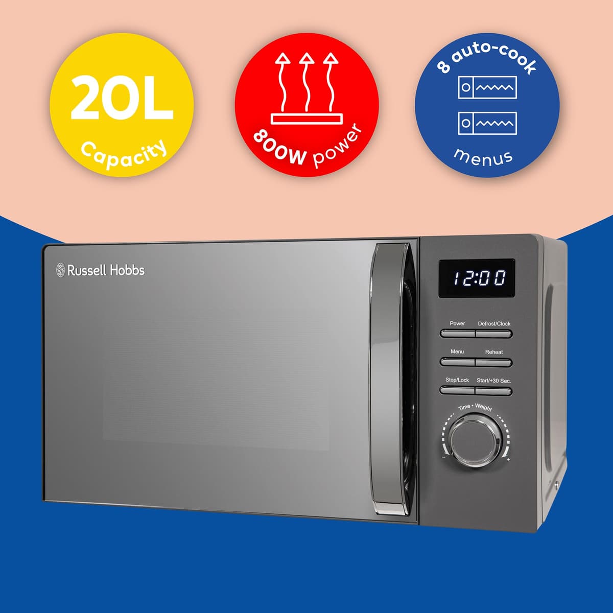 Russell Hobbs Digital Microwave 20L 800W in Grey with 5 Power Levels, Pull Handle Door & Button Control, Clock & Timer, Automatic Defrost, Easy Clean, 8 Auto Cook Menus RHMD818G — view 3