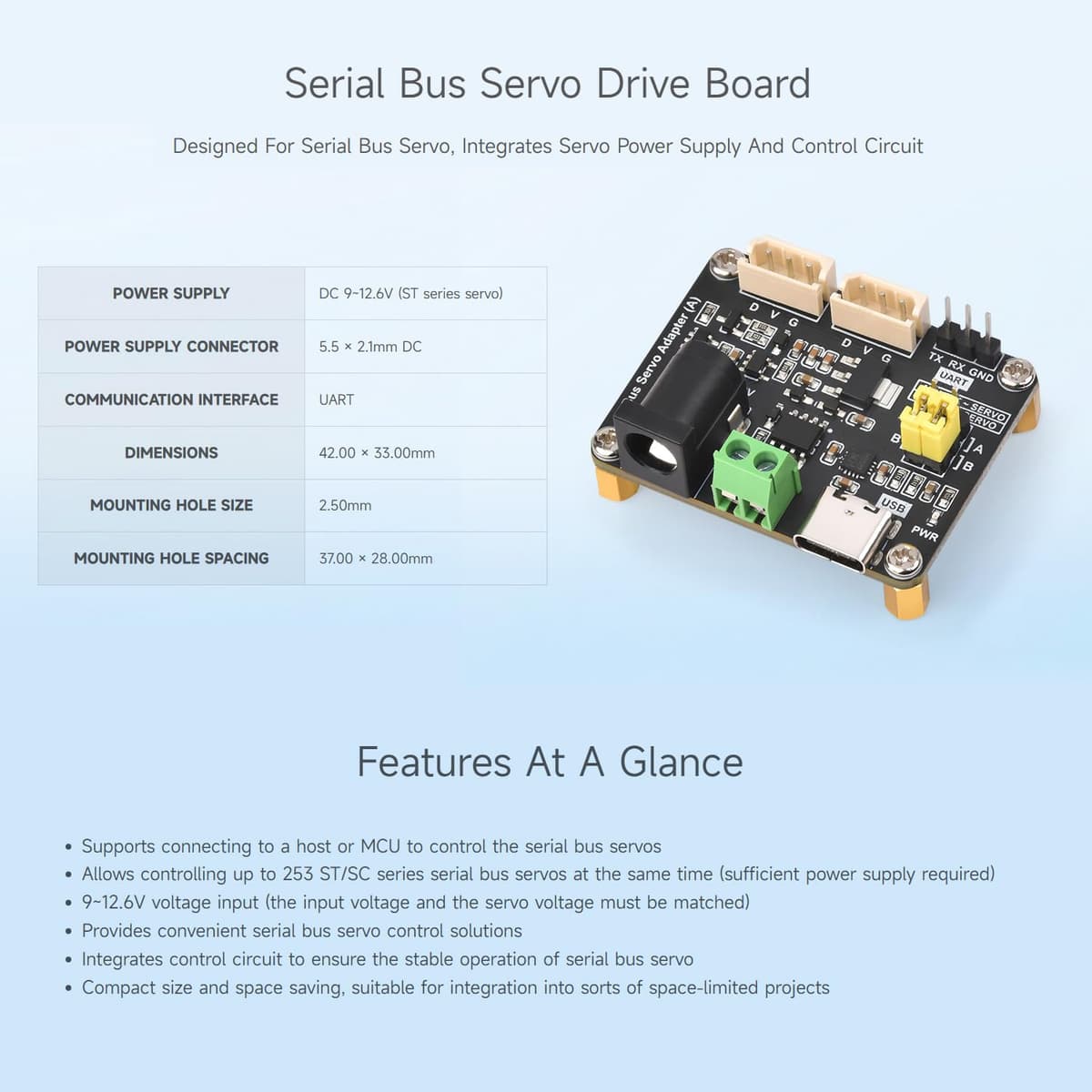 Waveshare Serial Bus Servo Driver Board, Integrates Servo Power Supply & Control Circuit, Applicable for ST/SC Series Serial Bus Servos, Small Size, Easy to Integrate — view 2