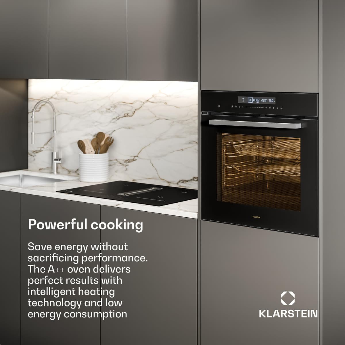 Klarstein Airjet Built In Oven - 72L Electric Oven with Airfryer Mode, 13 Cooking Functions, Touch Control, Enamel Interior, A++ Energy, Triple Glazed, Integrated Single Oven, Black — view 2