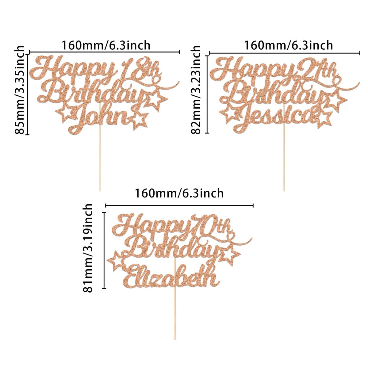 EDSG Happy Birthday Cake Topper Personalised, Custom Cake Topper with Any Age Name, Double-Sided Glitter Cake Topper 13th 16th 18th 21st 30th 40th 50th 60th 80th (with Colored Star Set) — view 2