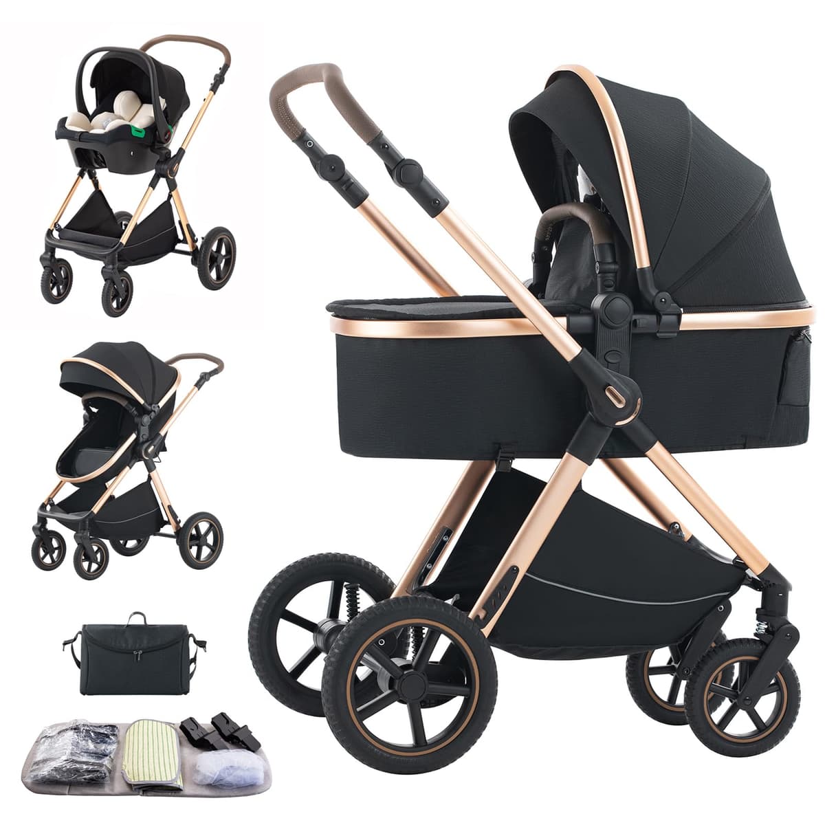 3 in 1 Baby Stroller with Height Adjustable Handle,3 in 1 Prams Travel System, Lightweight Foldable Pushchair, Prams with Aluminum Frame for Portable Baby Carriage (D2 Pink, H2-D) — view 11