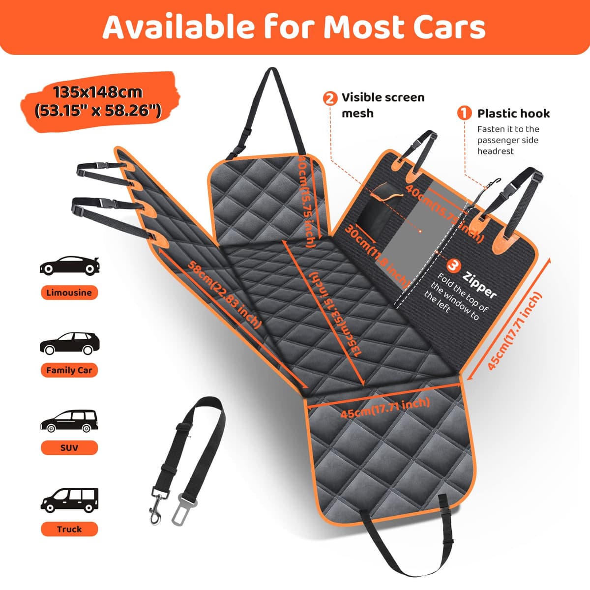 KYG Dog Hammock for Car Back Seats with Side Protection and Mesh Visual Window, Durable Scratch Proof and Waterproof Pet Seat Cover for Cars/Trucks/SUV, 135 x 148 cm, Black&Orange — view 2
