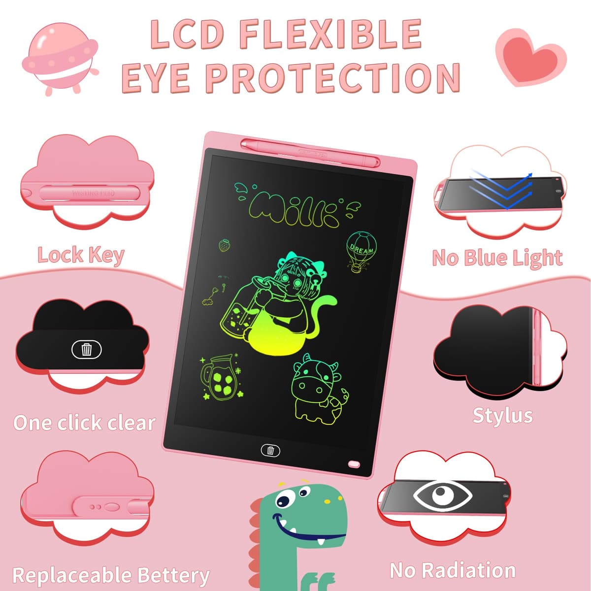 Genialba Tableta de Escritura LCD de Colores de 8,5, Tablero de Dibujo Electrónico - Tablero de Grafiti con Pizarra de Dibujo Borrable Portátil, Regalo para Niños (Rosa) — view 2