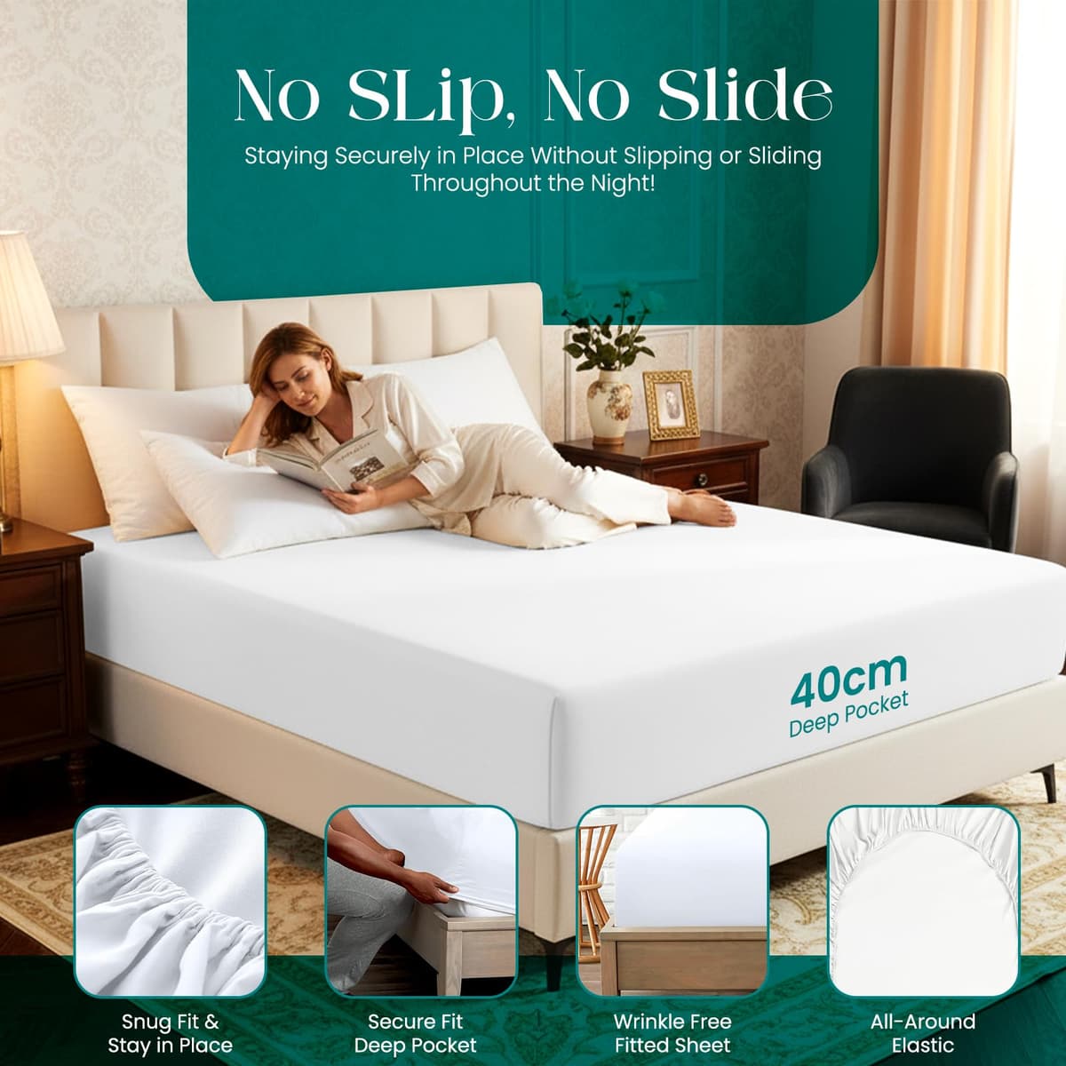 Linens World Egyptian Cotton Fitted Sheets King Size Breathable, Anti Wrinkle 40cm Deep Pocket 200 Thread Count Bed Sheets Bedding & Linen 152 X 200-CM White Bedding King Size Fitted Sheets — view 3