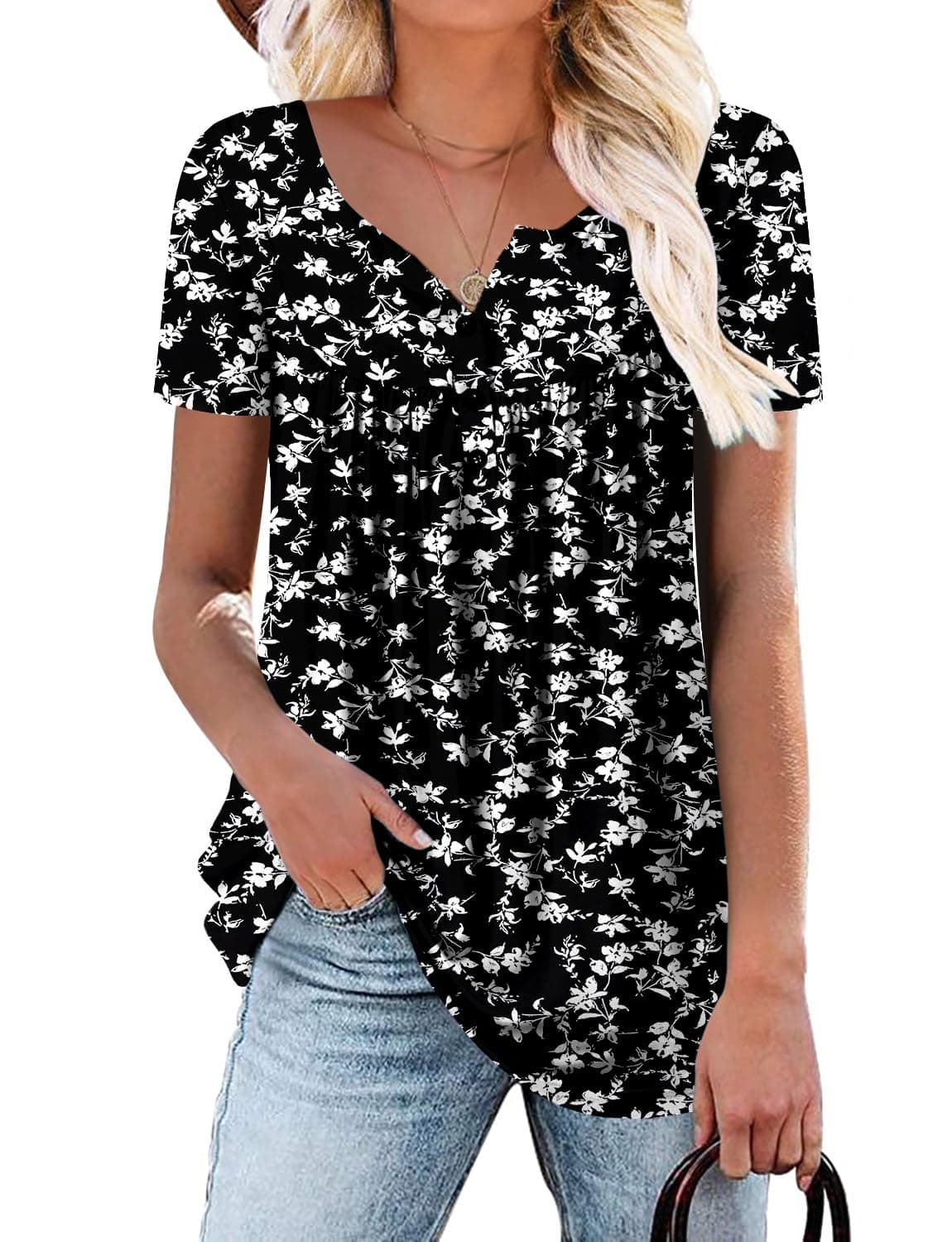 KISSMODA Ladies Pleated Tunic Tops for Women Buttons up Long Sleeve Shirts Floral Print — view 14